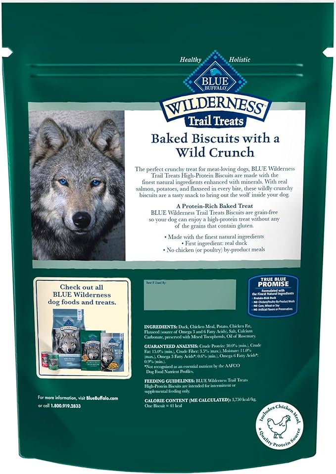 Blue buffalo wilderness trail treats high protein biscuits duck recipe crunchy dog treats 10 oz