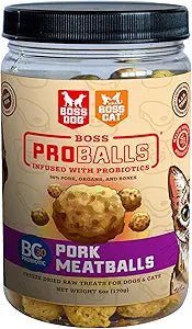 Bossproballs pork meatballs freeze dried raw meatball treat for dogs & cats 6oz jar