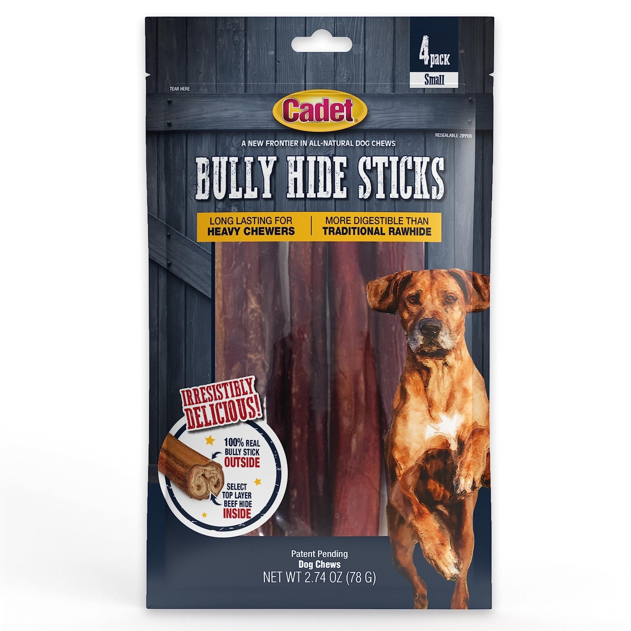 Cadet Bully Hide Sticks for Small Dogs, All - Natural Beef Pizzle, Limited - Ingredient Long - Lasting Dog Chews for Aggressive Chewers, 4 Count