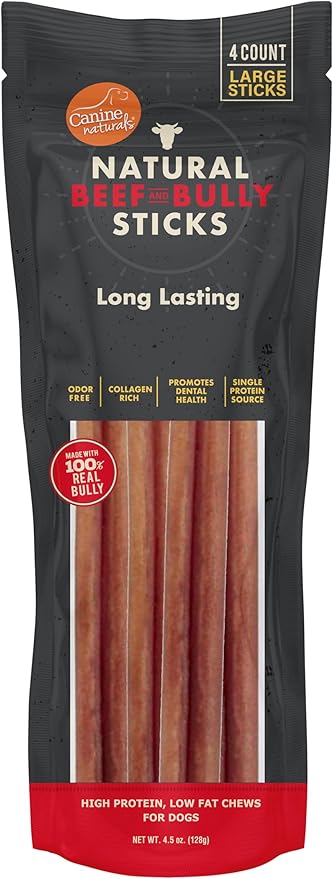 Canine Naturals | Natural Beef & Bully Sticks | Long - Lasting, Odor Free, High Protein Chews Made with 100% Real Bully | 4 Count small Sticks