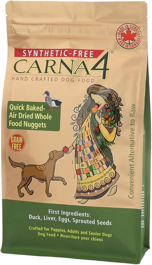 Carna 4 dog food quick baked air dried whole food nuggets, duck liver eggs sprouted seeds