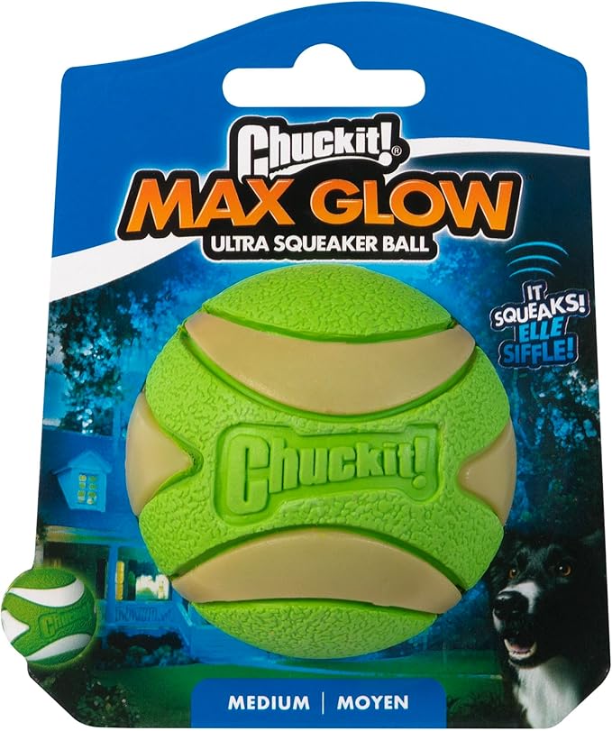 Chuckit max glow ultra squeaker ball dog toy medium sized ball