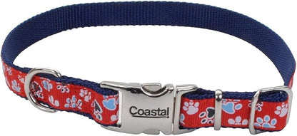 Coastal ribbon dog collar XS 8 - 12” red blue paw print