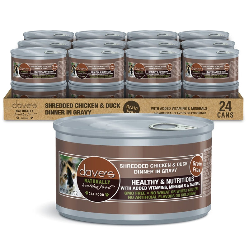 Dave's Pet Food Grain Free Wet Cat Food - Shredded Chicken & Duck in Gravy - Naturally Healthy Canned Cat Food - Added Vitamins & Minerals - Wheat - Gluten & GMO - Free - 2.8 oz Cans - wet cat food - 685038118394