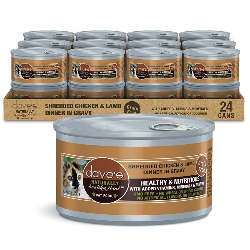 Dave's Pet Food Grain Free Wet Cat Food - Shredded Chicken & Lamb in Gravy - Naturally Healthy Canned Cat Food - Added Vitamins & Minerals - Wheat - Gluten & GMO - Free - 2.8 oz Cans - wet cat food - 685038118417