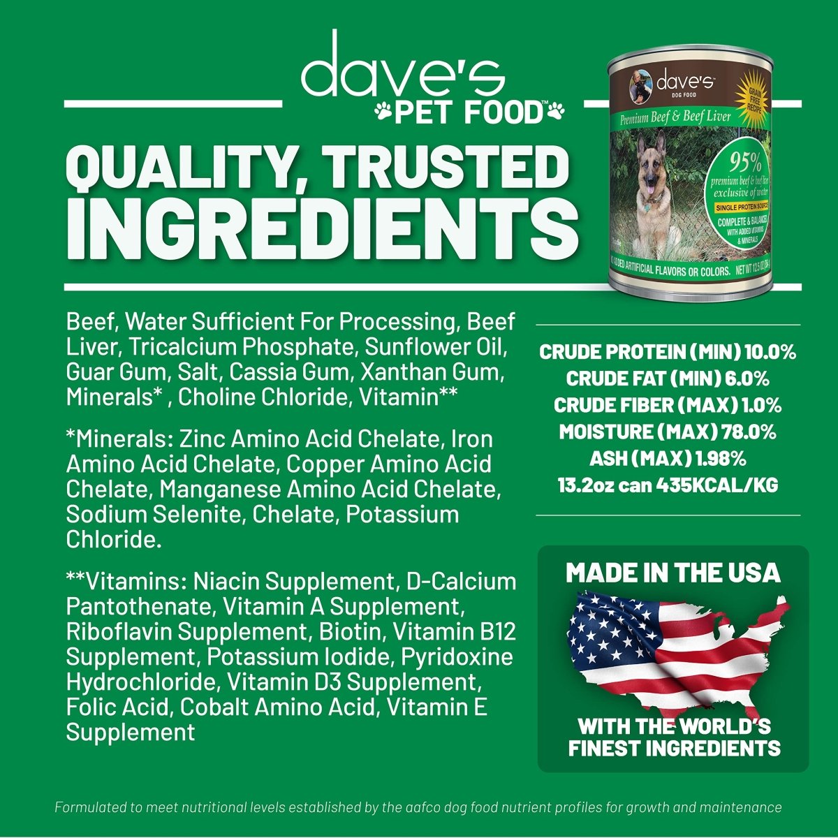 Dave's Pet Food Grain Free Wet Dog Food - 95% Beef & Beef Liver - Single - Source Protein - Limited Ingredients Added Vitamins & Minerals - 12.5 oz Can - wet dog food - 685038118028