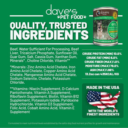 Dave's Pet Food Grain Free Wet Dog Food - 95% Beef & Beef Liver - Single - Source Protein - Limited Ingredients Added Vitamins & Minerals - 12.5 oz Can - wet dog food - 685038118028