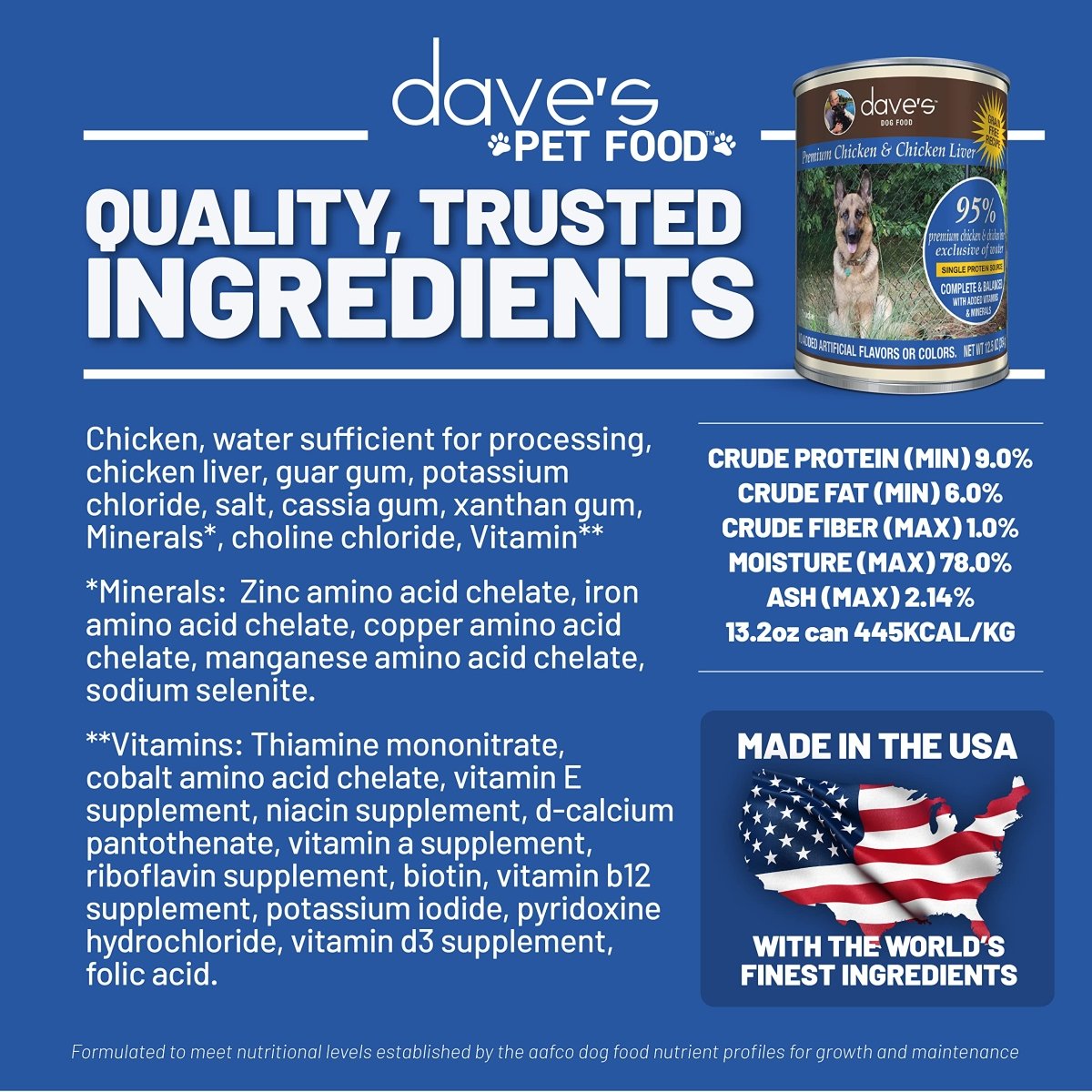 Dave's Pet Food Grain Free Wet Dog Food - 95% Chicken & Chicken Liver - Single - Source Protein, Limited Ingredients Added Vitamins & Minerals - 12.5 oz Can - wet dog food - 685038118042