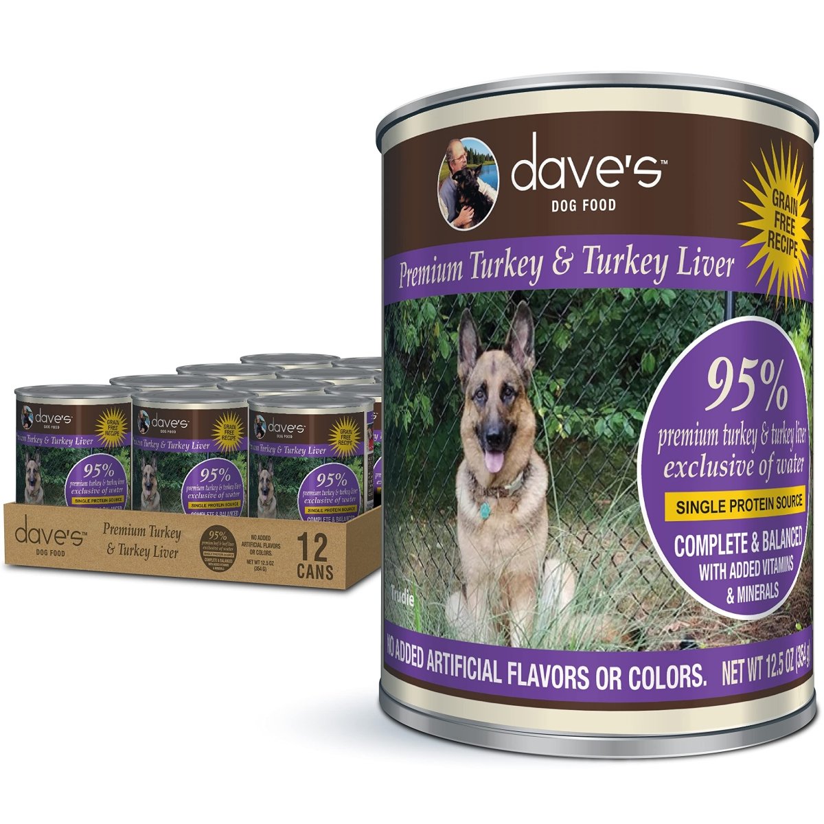 Dave's Pet Food Grain Free Wet Dog Food - 95% Turkey & Turkey Liver - Single - Source Protein - Limited Ingredients Added Vitamins & Minerals - 12.5 oz Can - wet dog food - 685038118066