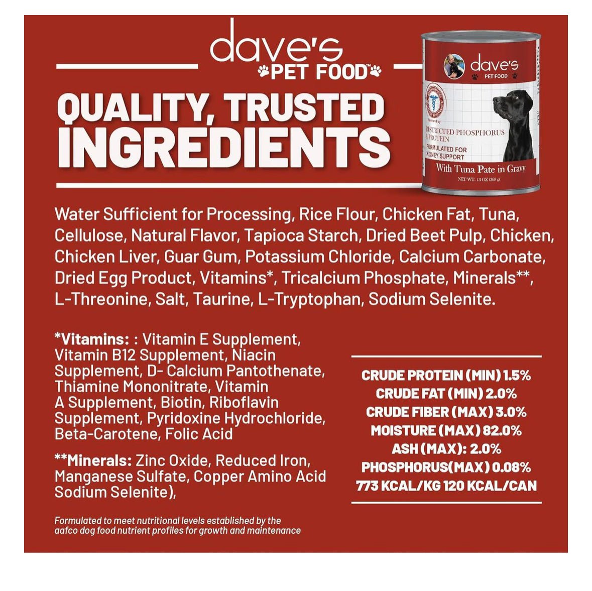 Dave’s Veterinarian Formulated – Restricted Phosphorus & Protein Kidney Support, Tuna Pate in Gravy – 13 oz. can