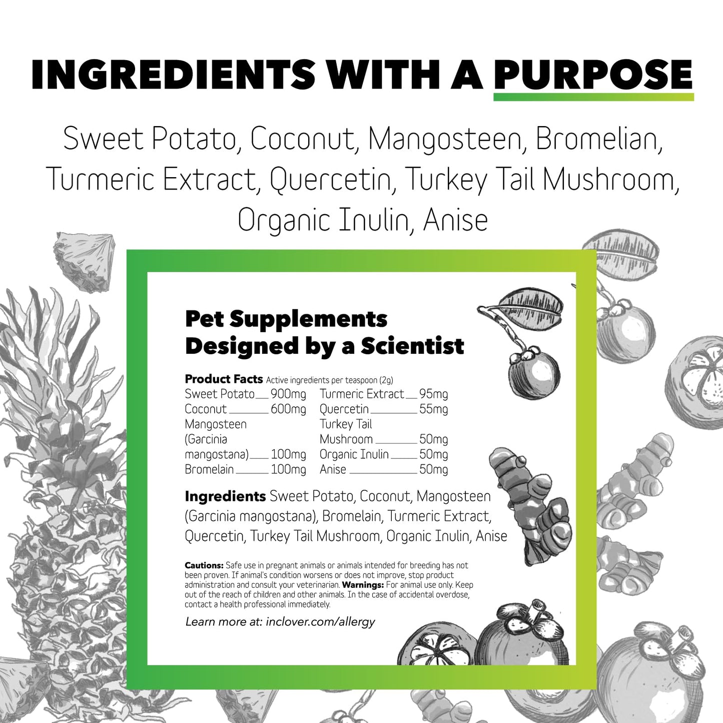 Dog Allergy Relief Supplement By Inclover, Bioresiliant Treat Powder Supplement For Dogs With Seasonal Allergies, Natural Dog Allergy Support With Turmeric, Mangosteen Helps Maintain Histamine Levels