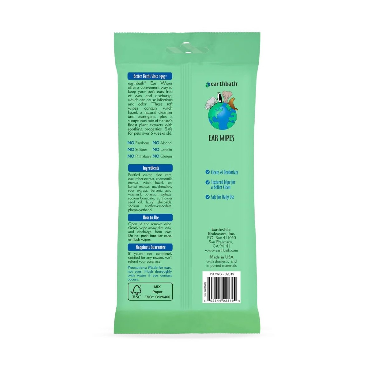 Earthbath Ear Wipes Witch Hazel & Chamomile For Pet 30 Wipes - ear solution - 602644028190