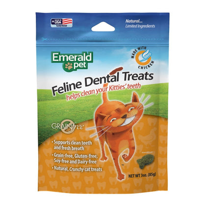 Emerald Pet Feline Dental - Treats Tasty and Crunchy Cat Dental Treats Grain Free - Chicken Treats - 3oz - 853258004012