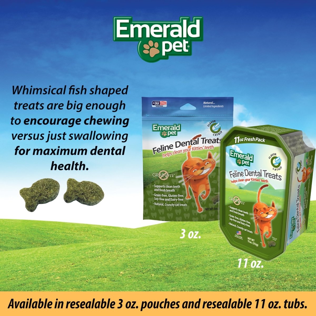 Emerald Pet Feline Dental Treats Tasty and Crunchy Cat Dental Treats Grain Free - Natural Dental Catnip Treats - 3 oz - 853258004098