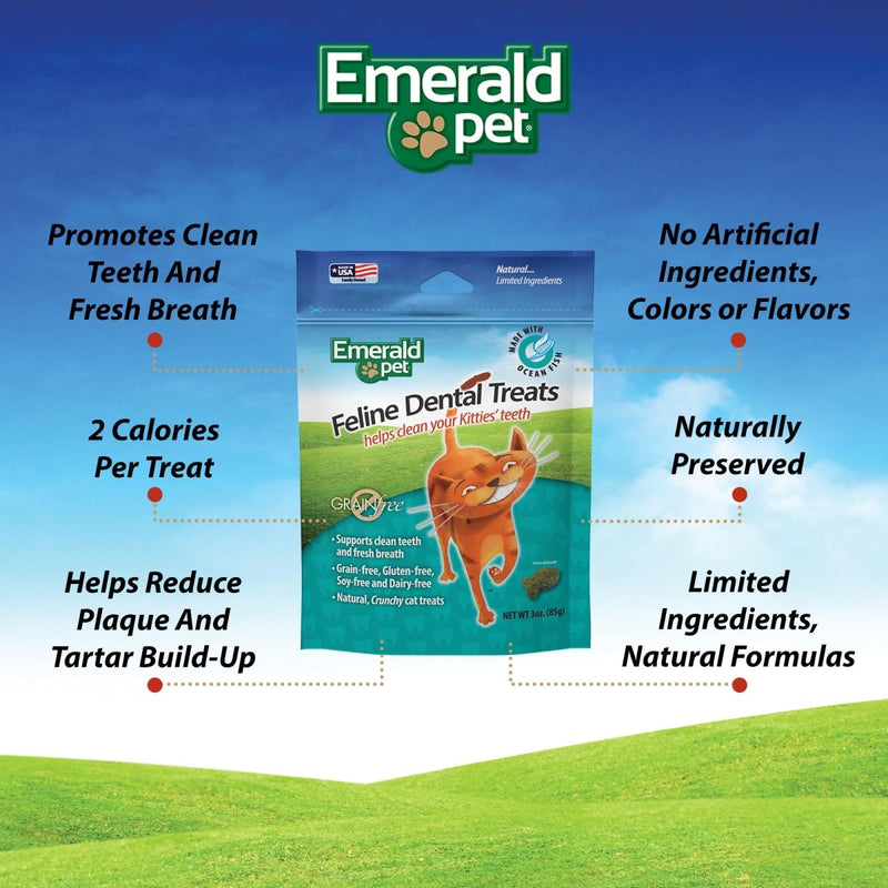 Emerald Pet Feline Tasty and Crunchy Cat Dental Treats Grain Free - Ocean Fish Treats - 3 oz - 853258004043