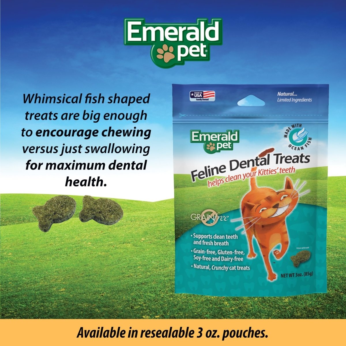 Emerald Pet Feline Tasty and Crunchy Cat Dental Treats Grain Free - Ocean Fish Treats - 3 oz - 853258004043