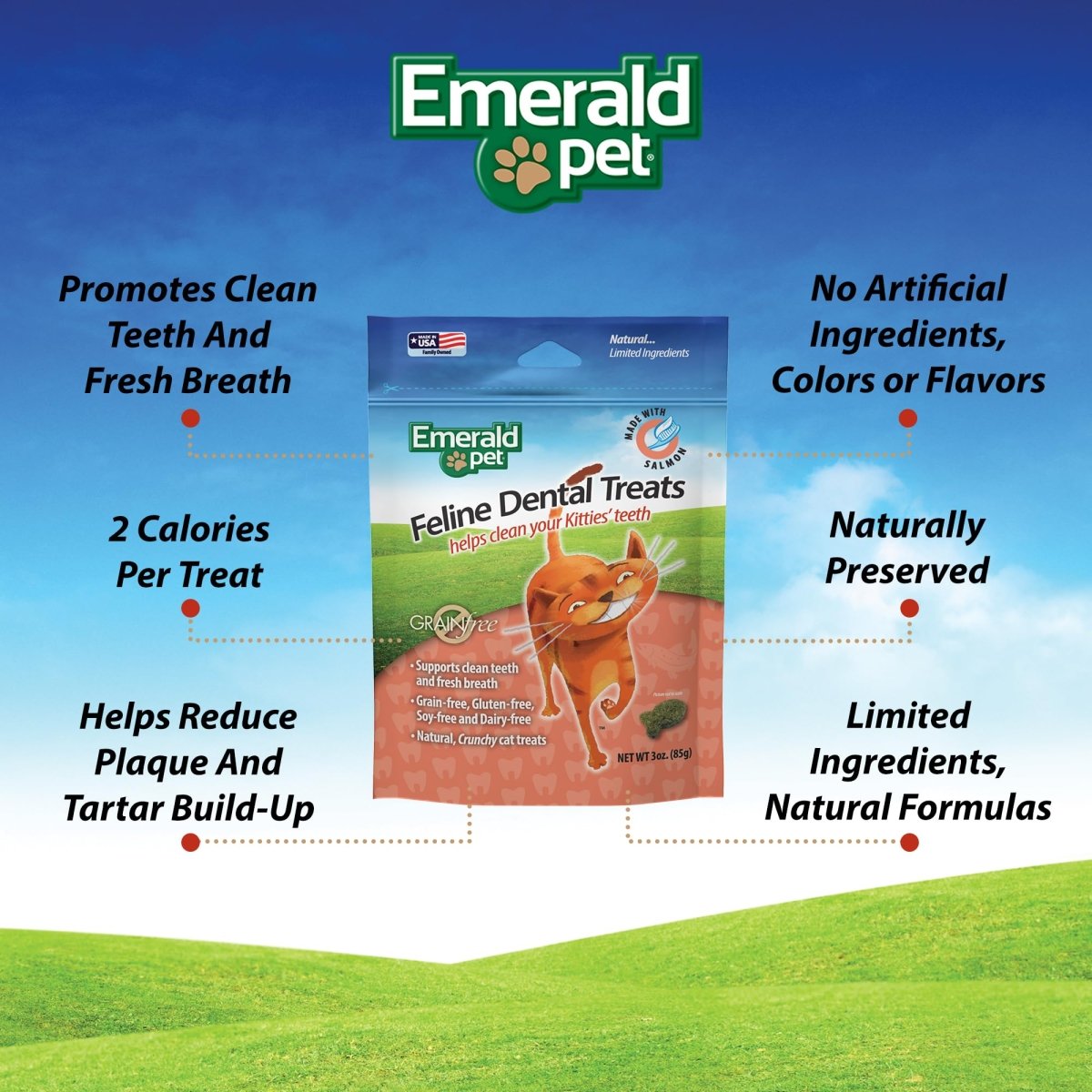 Emerald Pet Feline Tasty and Crunchy Cat Dental Treats Grain Free - Salmon Treats - 3 oz - 853258004029