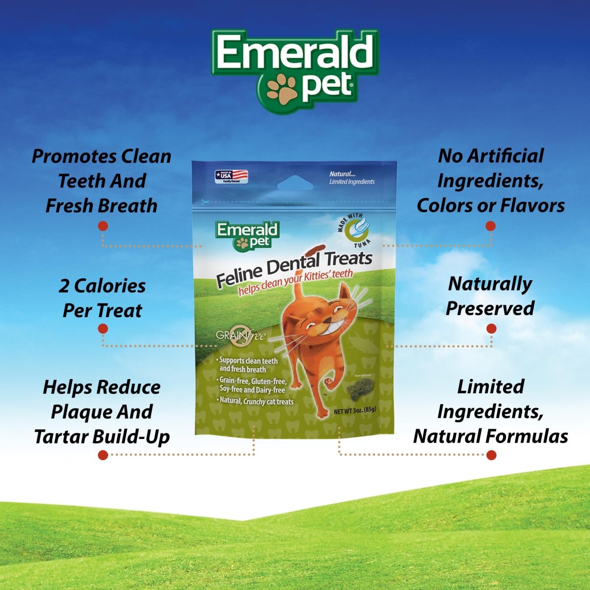 Emerald Pet Feline Tasty and Crunchy Cat Dental Treats Grain Free - Tuna Treats - 3 oz - 853258004036