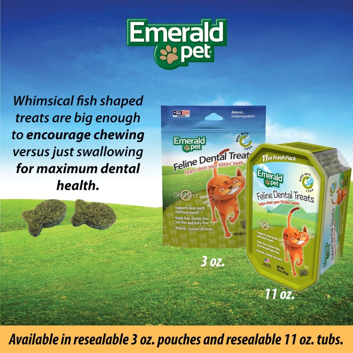 Emerald Pet Feline Tasty and Crunchy Cat Dental Treats Grain Free - Tuna Treats - 3 oz - 853258004036