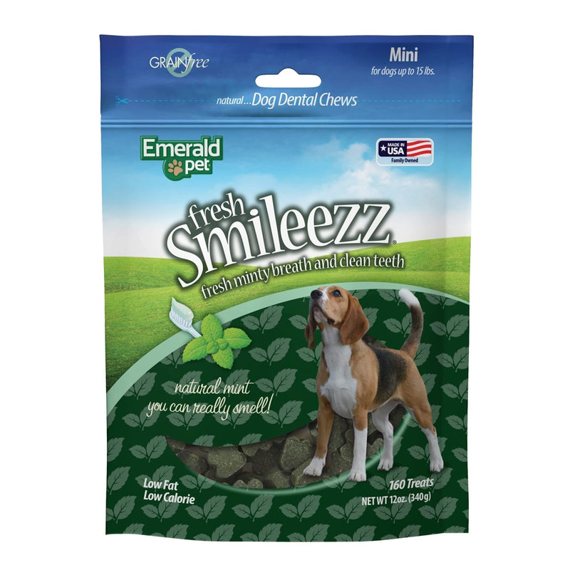 Emerald Pet Fresh Smileezz Grain Free Dog Dental Treats - Minty Fresh Breath and Clean Teeth for Puppies and Small Dogs - Mini - 12 Oz - 856916006076