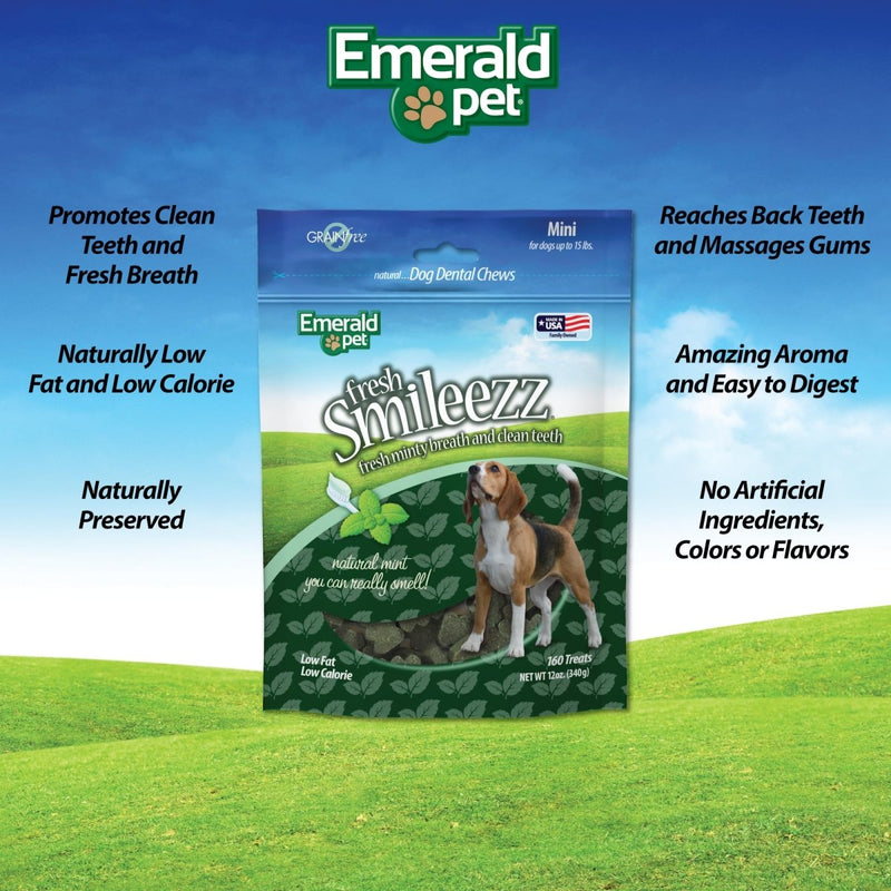 Emerald Pet Fresh Smileezz Grain Free Dog Dental Treats - Minty Fresh Breath and Clean Teeth for Puppies and Small Dogs - Mini - 12 Oz - 856916006076