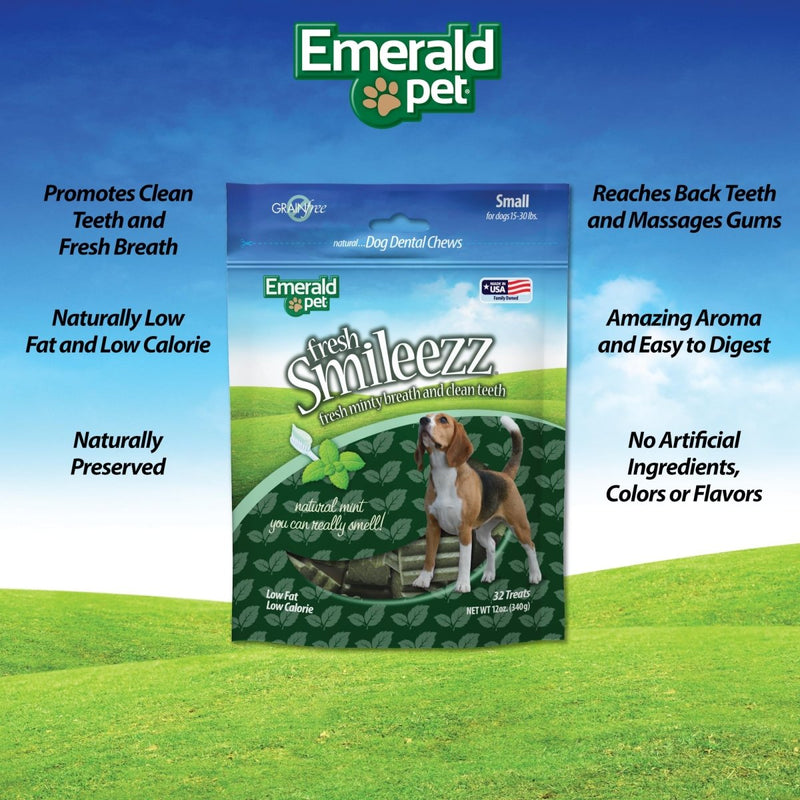 Emerald Pet Fresh Smileezz Grain Free Dog Dental Treats - Minty Fresh Breath and Clean Teeth for Puppies and Small Dogs - Small - 12 Oz - 856916006083