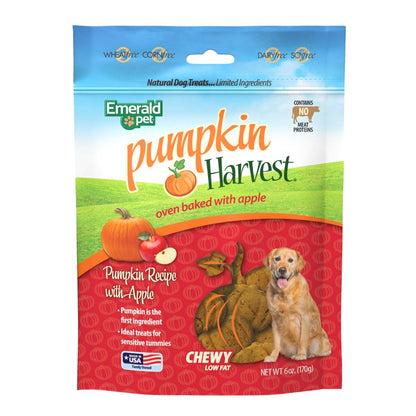 Emerald Pet Pumpkin Harvest Pumpkin Dog Treats — Low - Fat Chewy Natural Dog Treats with Pumpkin for Digestive Health — Meat Free, Poultry Free, Wheat Free Dog Treats — Apple, 6 oz - 856916006465