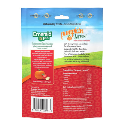 Emerald Pet Pumpkin Harvest Pumpkin Dog Treats — Low - Fat Chewy Natural Dog Treats with Pumpkin for Digestive Health — Meat Free, Poultry Free, Wheat Free Dog Treats — Apple, 6 oz - 856916006465