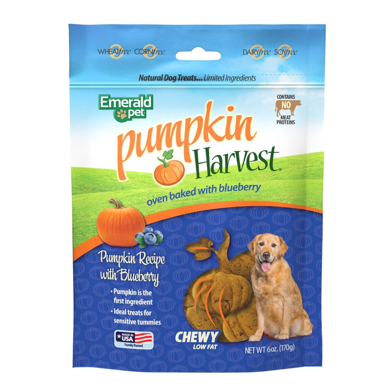 Emerald Pet Pumpkin Harvest Pumpkin Dog Treats — Low - Fat Chewy Natural Dog Treats with Pumpkin for Digestive Health — Meat Free, Poultry Free, Wheat Free Dog Treats — Blueberry, 6 oz - 856916006458