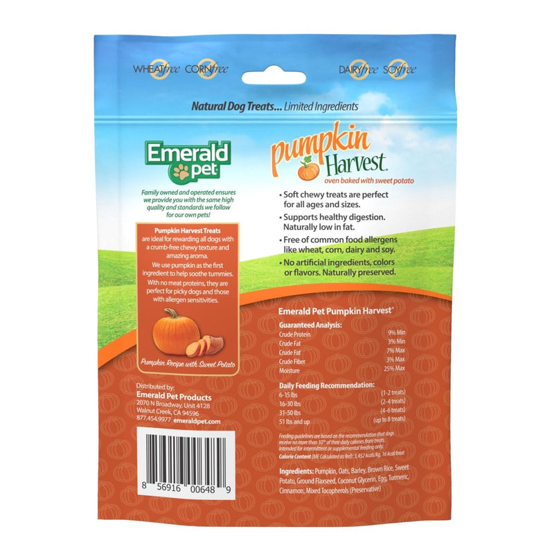 Emerald Pet Pumpkin Harvest Pumpkin Dog Treats — Low - Fat Chewy Natural Dog Treats with Pumpkin for Digestive Health — Meat Free, Poultry Free, Wheat Free Dog Treats — Sweet Potato, 6 oz - 856916006489