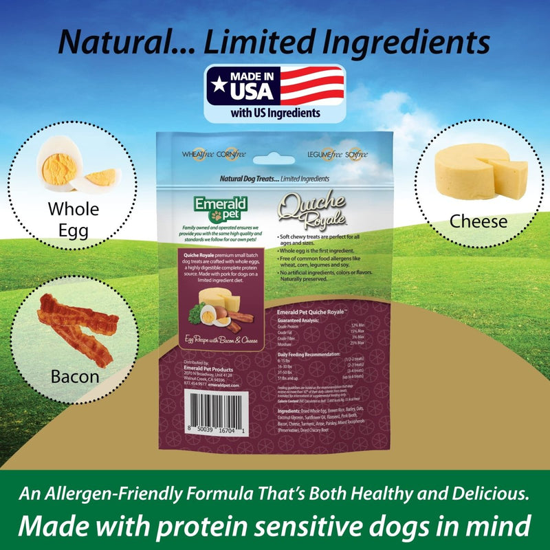 Emerald Pet Quiche Royale Premium Training Dog Treats — Healthy and Tasty Natural Dog Chews Made with Real Eggs — Limited Ingredient Dog Treats Made in The USA — Bacon & Cheese Treats, 6 oz - 850039167041