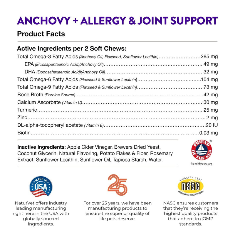 Evolutions by NaturVet Anchovy + Allergy & Joint Support 90ct Soft Chews for Dogs - Anchovy Oil, Bone Broth - Helps Maintain Normal Histamine Levels - Helps Support Normal Inflammatory Response - dog supplies - 797801603485