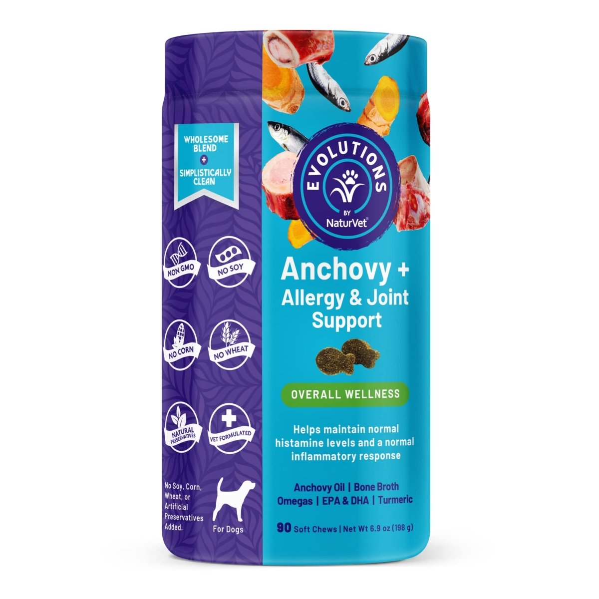 Evolutions by NaturVet Anchovy + Allergy & Joint Support 90ct Soft Chews for Dogs - Anchovy Oil, Bone Broth - Helps Maintain Normal Histamine Levels - Helps Support Normal Inflammatory Response - dog supplies - 797801603485