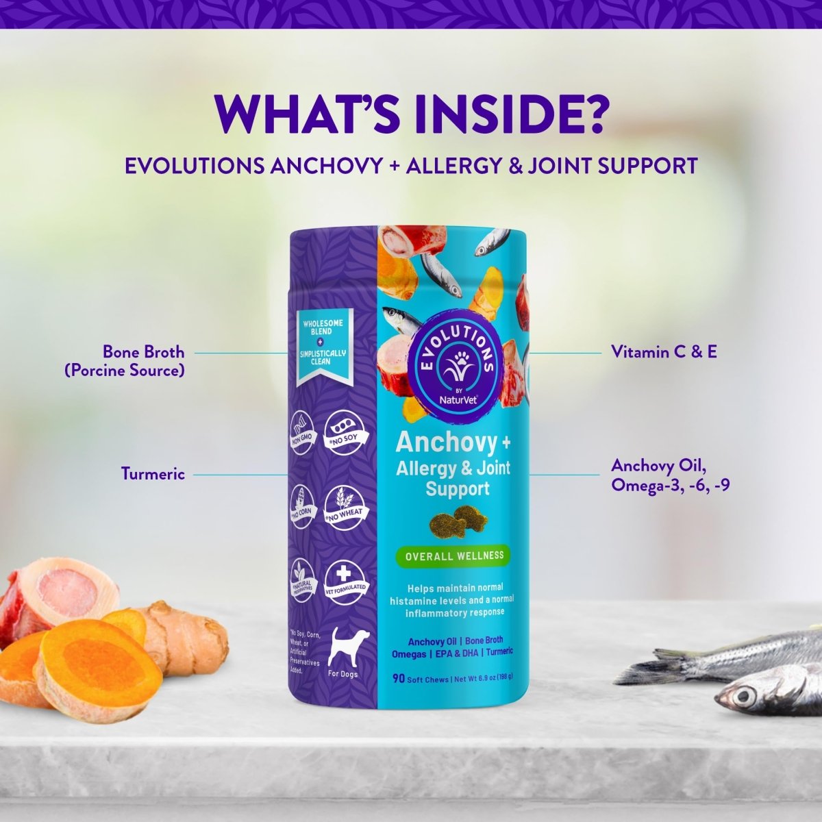 Evolutions by NaturVet Anchovy + Allergy & Joint Support 90ct Soft Chews for Dogs - Anchovy Oil, Bone Broth - Helps Maintain Normal Histamine Levels - Helps Support Normal Inflammatory Response - dog supplies - 797801603485