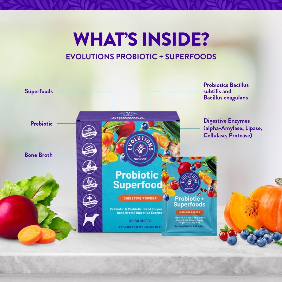 Evolutions by NaturVet Probiotic & Superfoods Digestive 30ct Powder Sachets for Dogs - Prebiotic & Probiotic Blend - Digestive Enzymes - Bone Broth Nourishes Natural Gut Bacteria & Intestinal Microflora - dog supplies - 797801500081