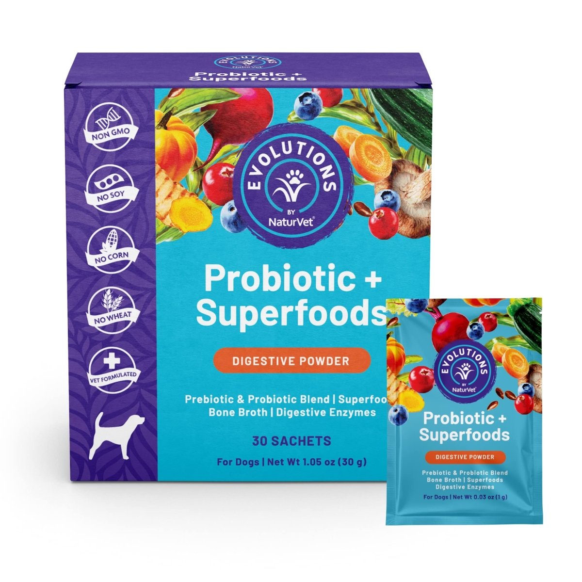 Evolutions by NaturVet Probiotic & Superfoods Digestive 30ct Powder Sachets for Dogs - Prebiotic & Probiotic Blend - Digestive Enzymes - Bone Broth Nourishes Natural Gut Bacteria & Intestinal Microflora - dog supplies - 797801500081