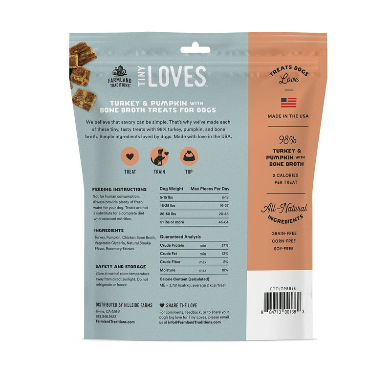 Farmland Traditions Tiny Loves Jerky Trainer Treats for Dogs w/Bone Broth (Turkey & Pumpkin, 16 oz.) - 884713001383