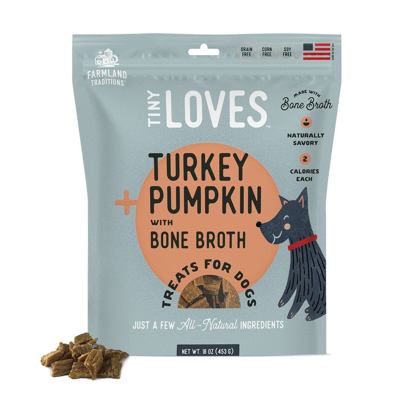 Farmland Traditions Tiny Loves Jerky Trainer Treats for Dogs w/Bone Broth (Turkey & Pumpkin, 6 oz.) - 884713001369