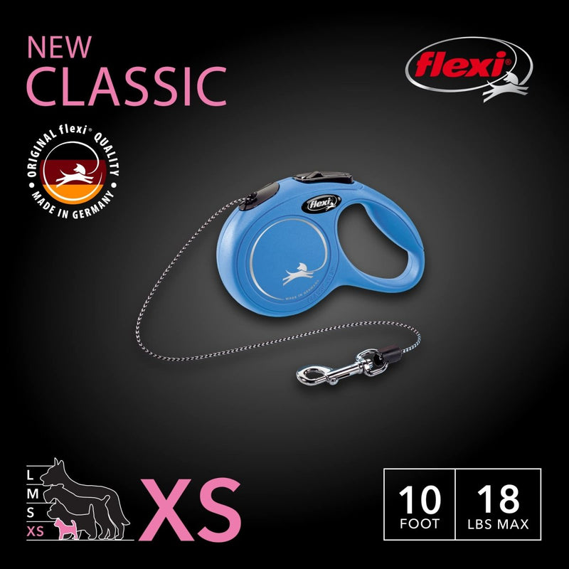 FLEXI New Classic Retractable Dog Leash Cord - Ergonomic - Durable and Tangle Free Pet Walking Leash for Dogs Up to 18 lbs - Extra Small - 10 ft - Blue - dog leash - 840317107265