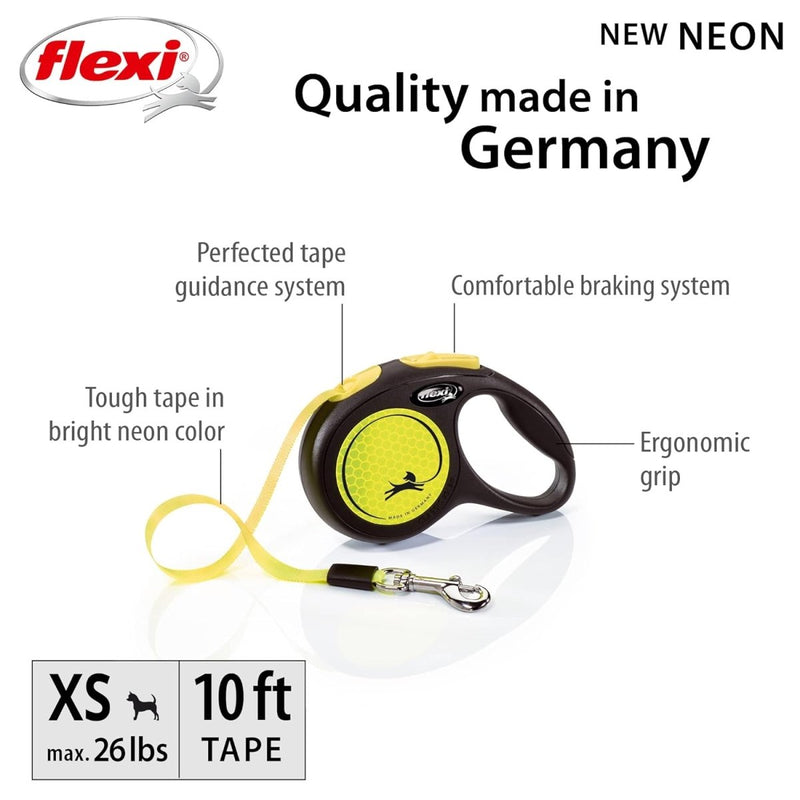 FLEXI New Neon Retractable Reflect Dog Leash Tape - Ergonomic - Durable and Tangle Free Pet Walking Leash for Dogs - Extra Small - Neon/Black - 10 ft - dog leash - 840317107166