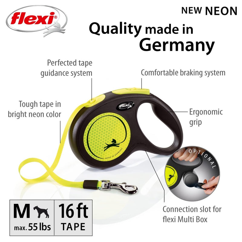 FLEXI® New Neon Retractable Reflect Dog Leash Tape - Ergonomic - Durable and Tangle Free Pet Walking Leash for Dogs - Medium - Neon/Black - 16 ft - dog leash - 840317107180