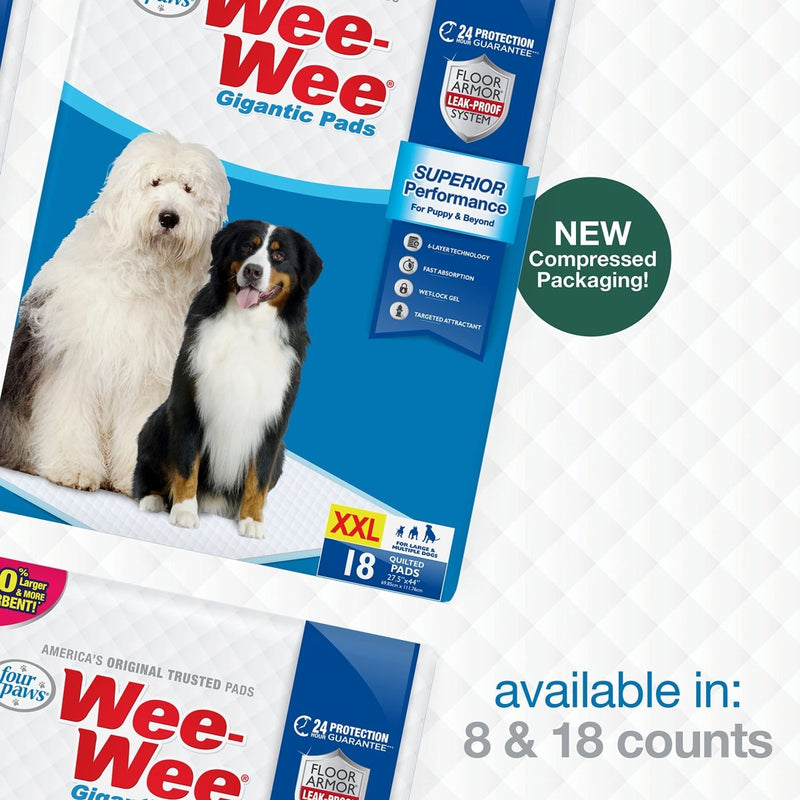 Four Paws Wee - Wee Superior Performance Gigantic Pee Pads for Dogs - Dog & Puppy Pads for Potty Training - Dog Housebreaking & Puppy Supplies - 27.5" x 44" - 8 Count - White - dog pee pads - 045663016623