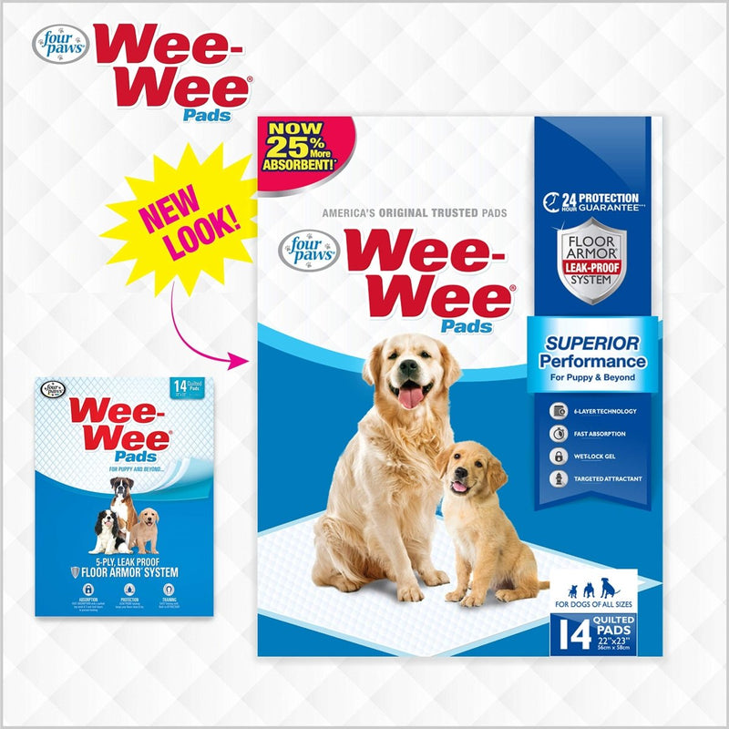 Four Paws Wee - Wee Superior Performance Pee Pads for Dogs - Dog & Puppy Pads for Potty Training - Dog Housebreaking & Puppy Supplies - 22" x 23" - 14 Count - White - dog pee pads - 045663016142