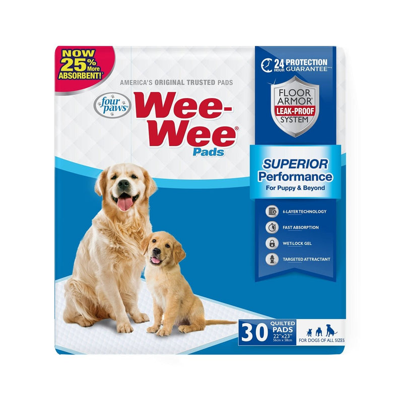 Four Paws Wee - Wee Superior Performance Pee Pads for Dogs - Dog & Puppy Pads for Potty Training - Dog Housebreaking & Puppy Supplies - 22" x 23" - 30 Count - dog pee pads - 045663016302