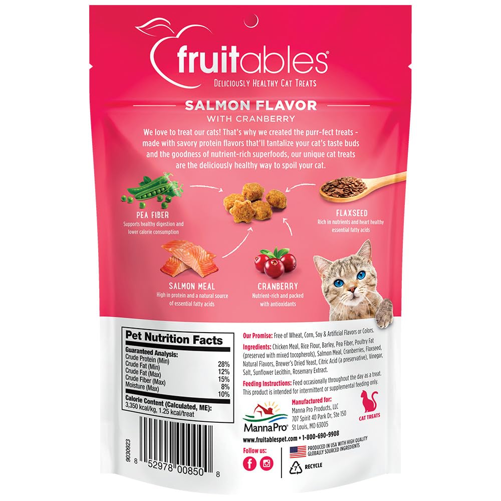Fruitables Cat Crunchy Treats For Cats – Healthy Low Calorie Packed With Protein Free Of Wheat, Corn And Soy – Made With Real Salmon With Cranberry – 2.5 Ounces