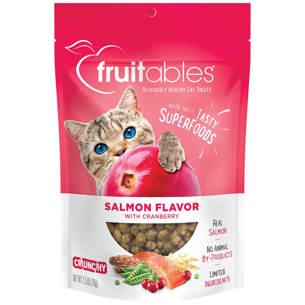 Fruitables Cat Crunchy Treats For Cats – Healthy Low Calorie Packed With Protein Free Of Wheat, Corn And Soy – Made With Real Salmon With Cranberry – 2.5 Ounces
