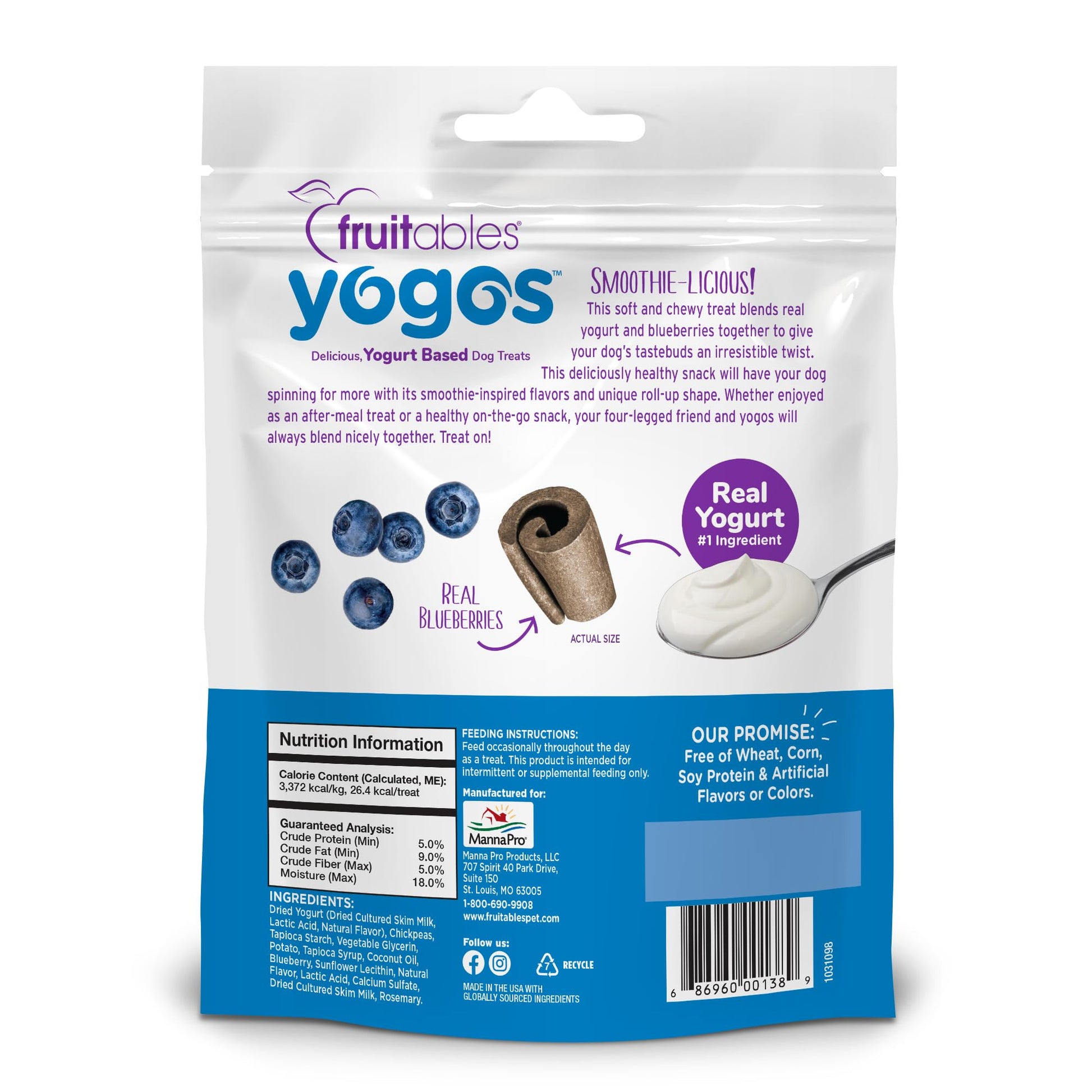 Fruitables Real Yogurt Treats – Roll - Up Dog Treats – Blueberry Flavor – Natural Ingredients – 12 Ounces