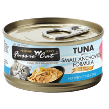 Fussie cat canned cat food super premium tuna with small anchovies in goat milk gravy 3oz