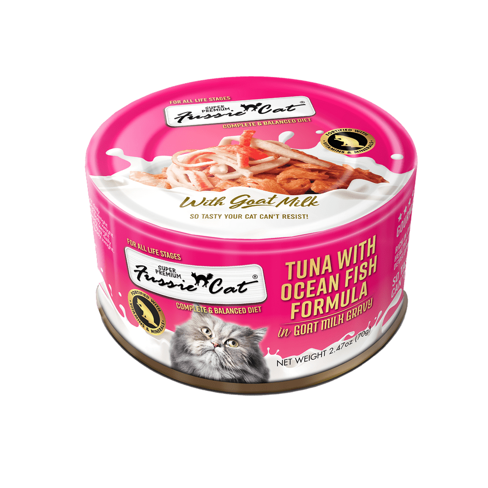 Fussie cat tuna with ocean fish formula in goat milk gravy wet canned cat food 2.47oz