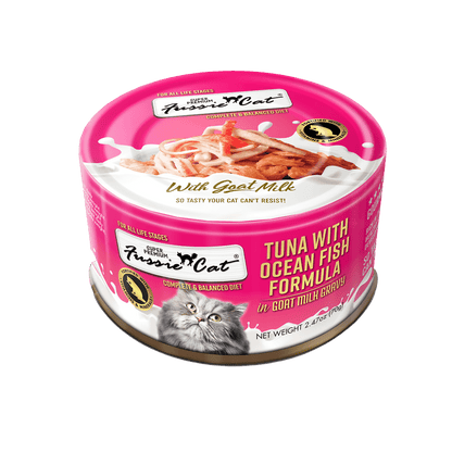 Fussie cat tuna with ocean fish formula in goat milk gravy wet canned cat food 2.47oz